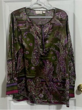 Belle by Kim Gravel Women’s Olive & Purple Paisley Long-Sleeve Blouse